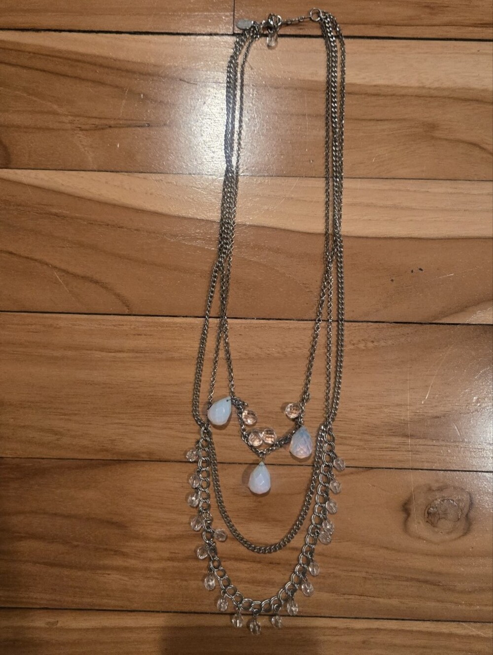 Delicate Silver-Tone Multi Strand Necklace with Opalescent Drops